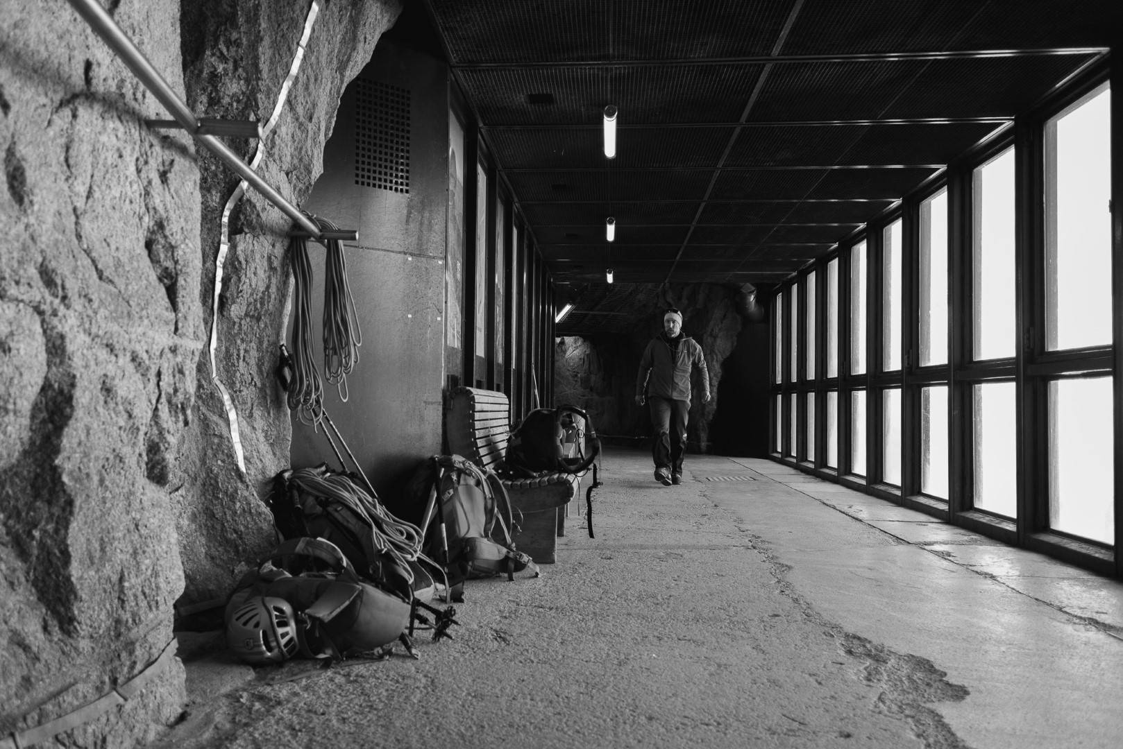 Man walking down corridor in Chamonix 